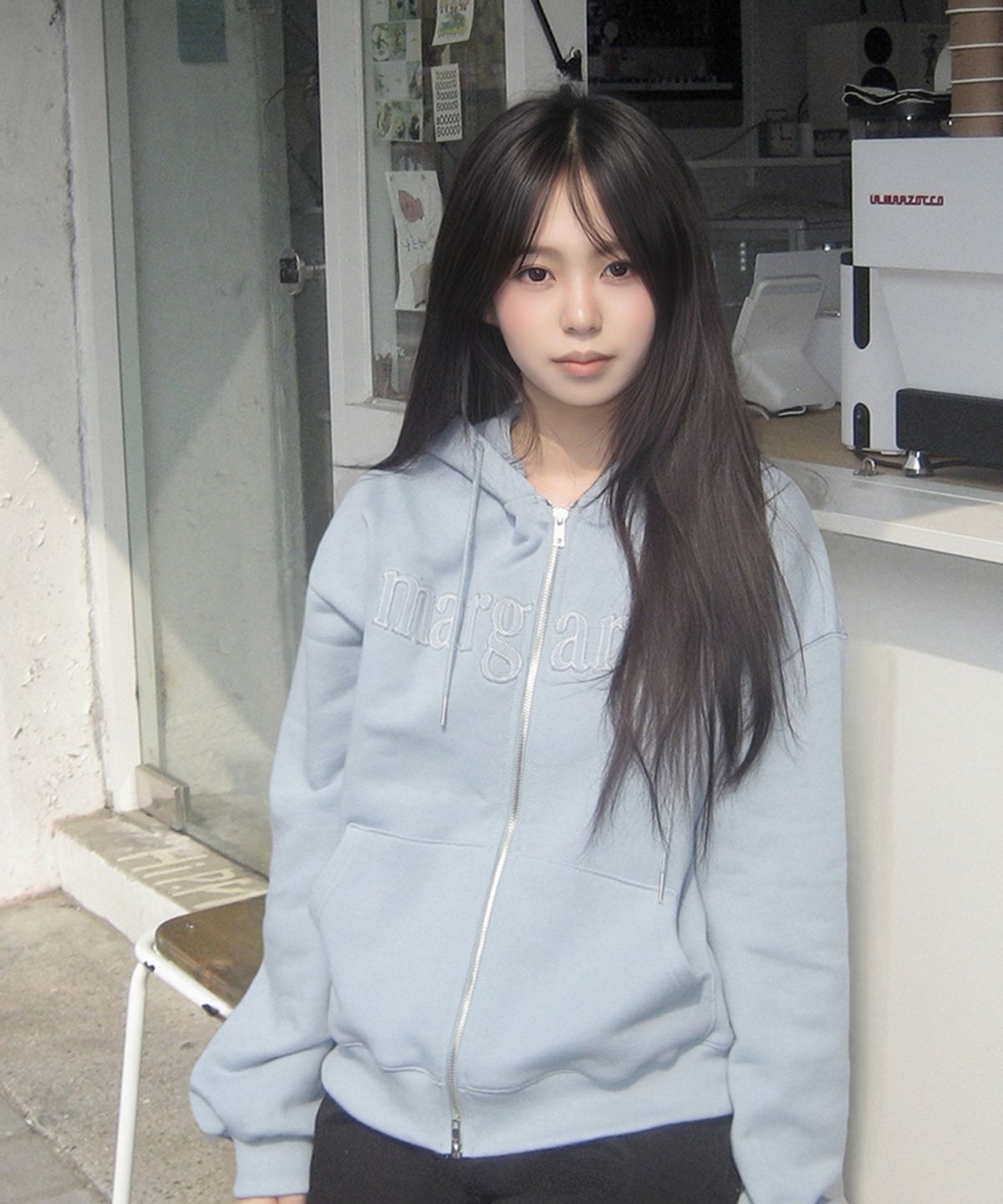 스트라이프마가린(STMG) 마가린 아플리케 루즈 투웨이 지퍼 후드집업 블루