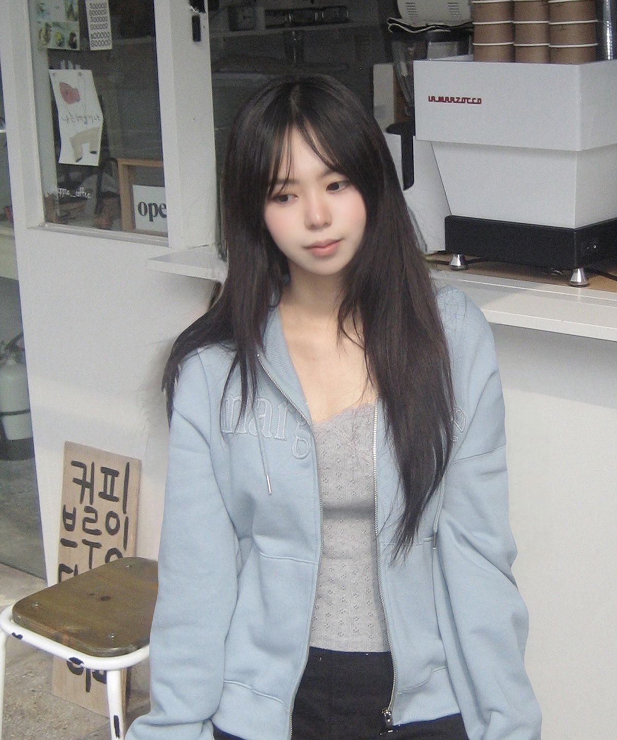 스트라이프마가린(STMG) 마가린 아플리케 루즈 투웨이 지퍼 후드집업 블루