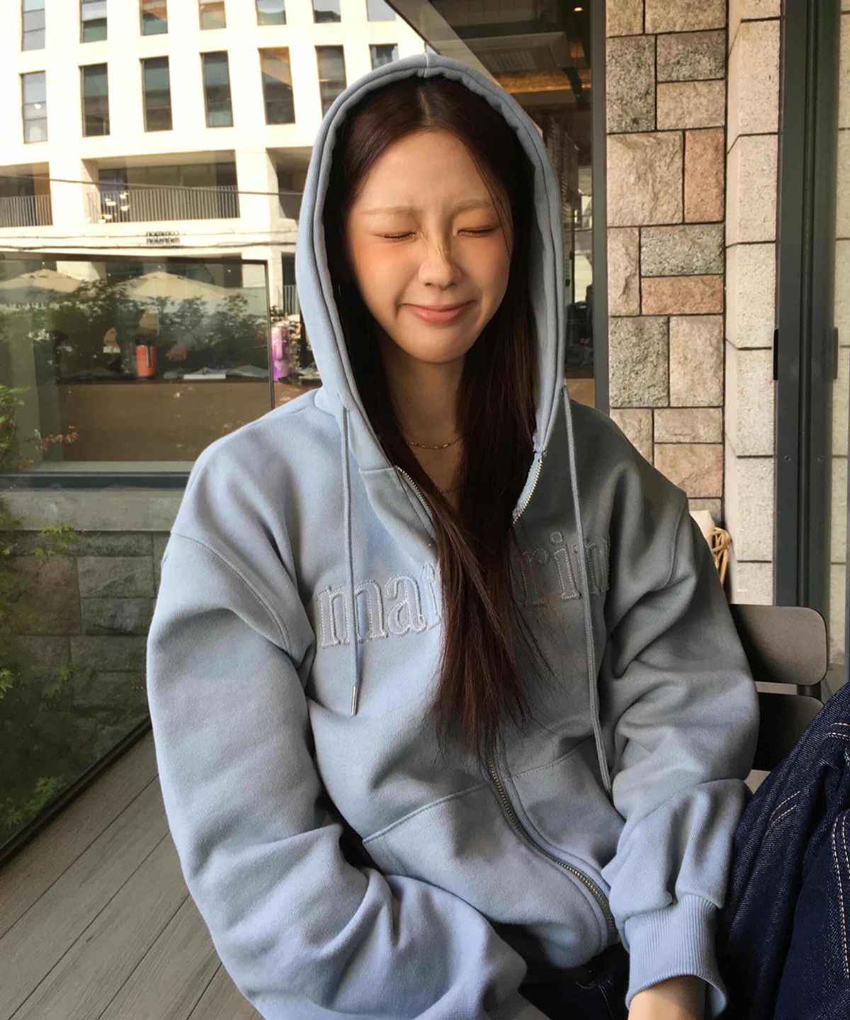 스트라이프마가린(STMG) 마가린 아플리케 루즈 투웨이 지퍼 후드집업 블루