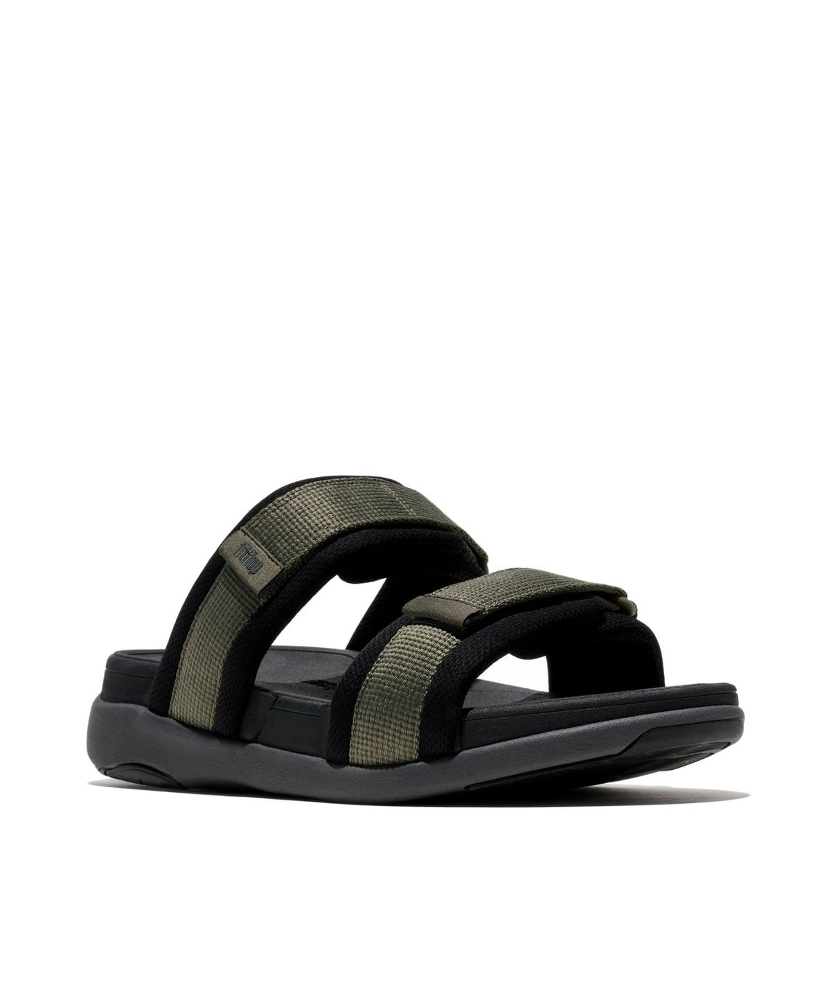 핏플랍(FITFLOP) 남성 F-모드 GO 남성 조절 가능 패딩 웨빙 투 바 슬라이드 - 딥 올리브/블랙 (FT64K1D08J)