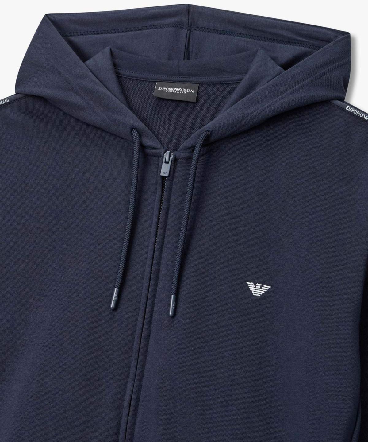 엠포리오 아르마니 언더웨어(EMPORIO ARMANI UNDERWEAR) 남성 로고 트림 후디드 라운지 집업_네이비 0816138002