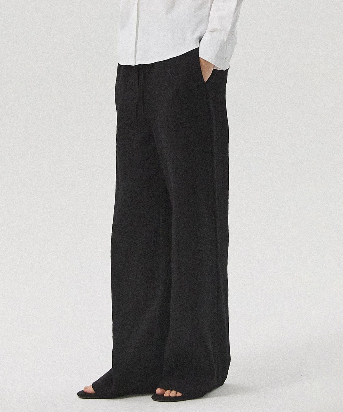 아흐레(AHRE) Aven Linen-Like Slub Banding Wide Straight Pants_BLACK
