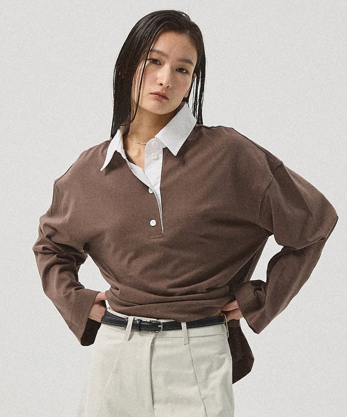 아흐레(AHRE) Airo Soft Cotton Oversized Rugby T-Shirt_BROWN