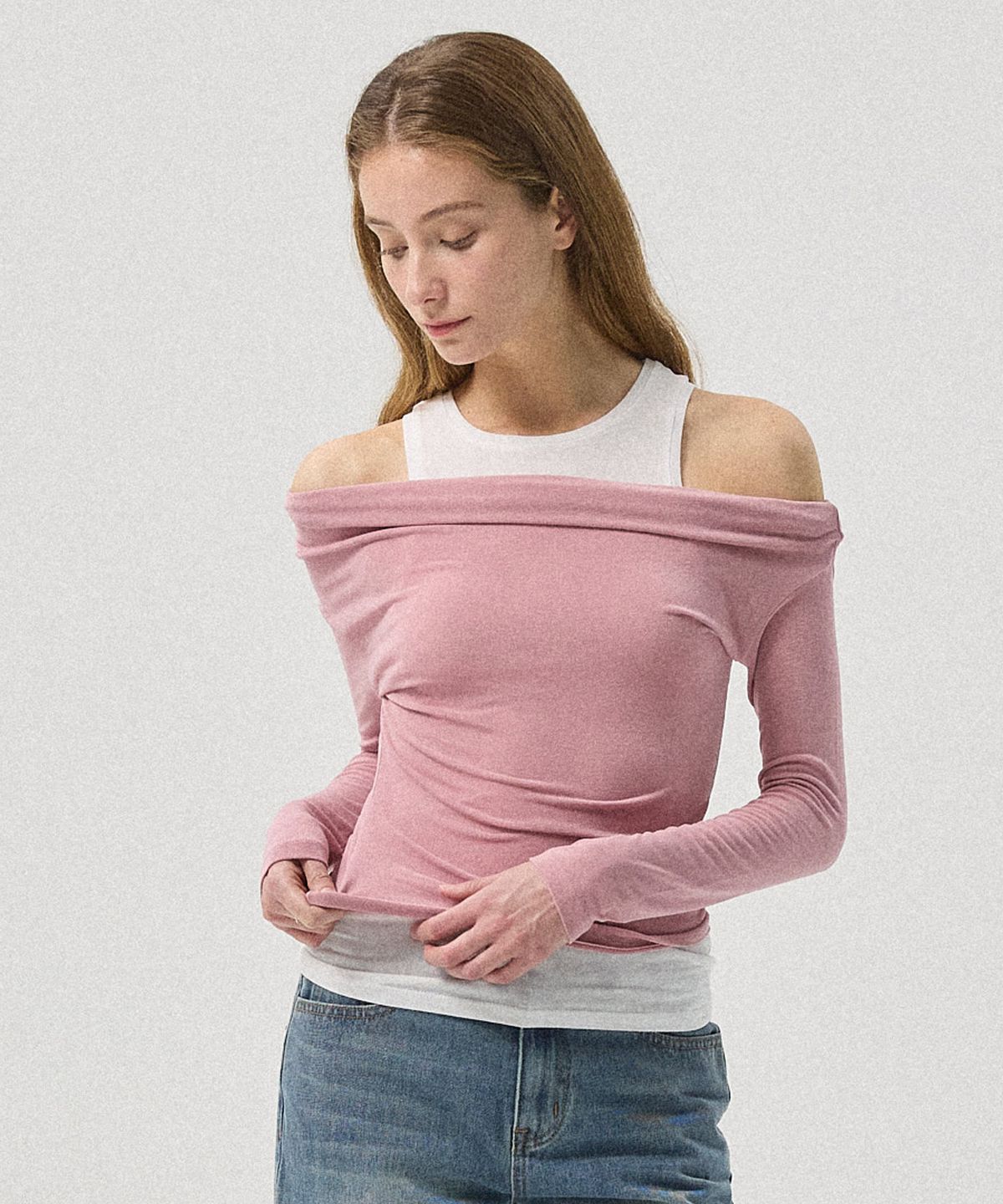 아흐레(AHRE) Nera Layered Off-Shoulder Sleeveless Tank_PINK