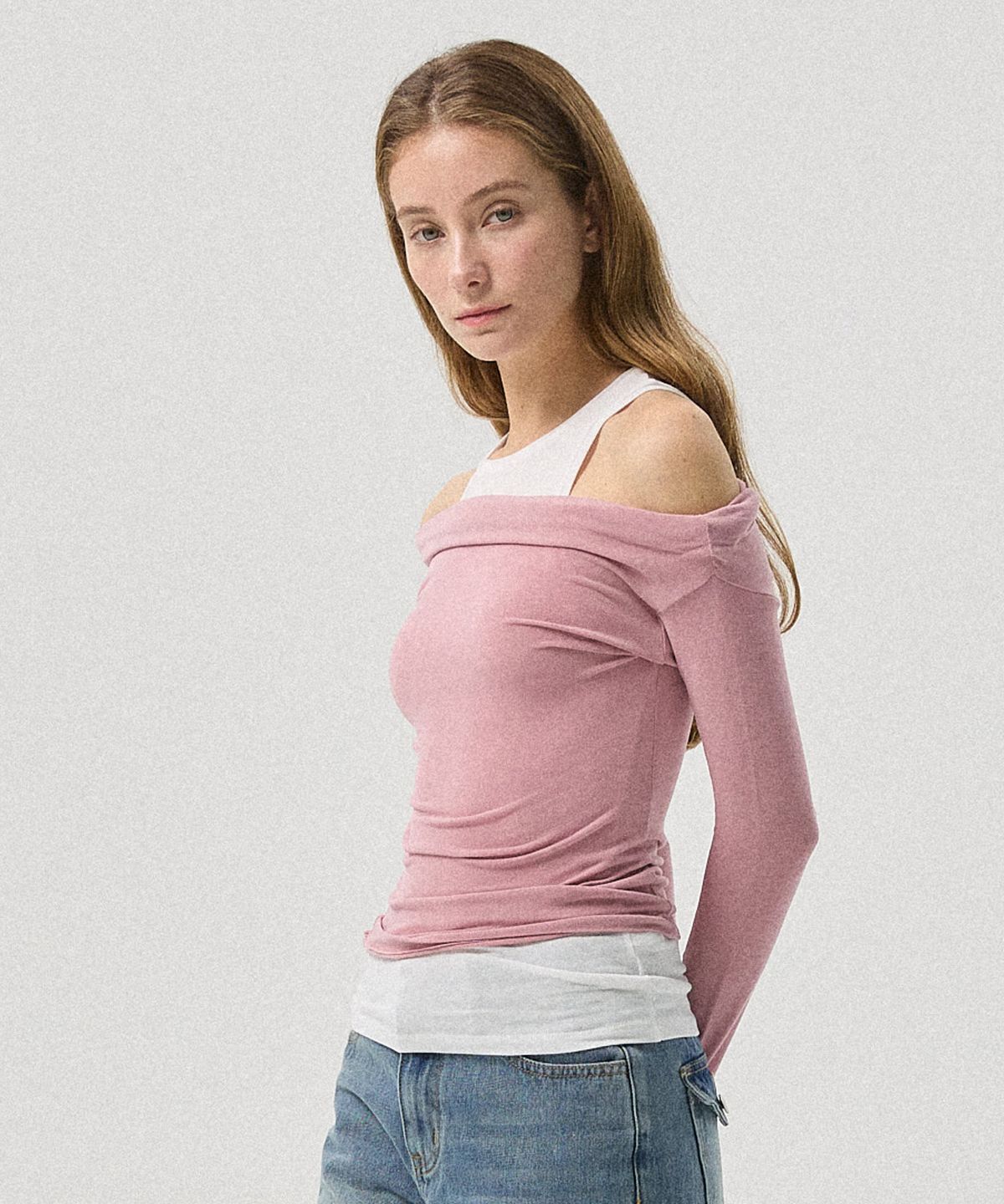 아흐레(AHRE) Nera Layered Off-Shoulder Sleeveless Tank_PINK