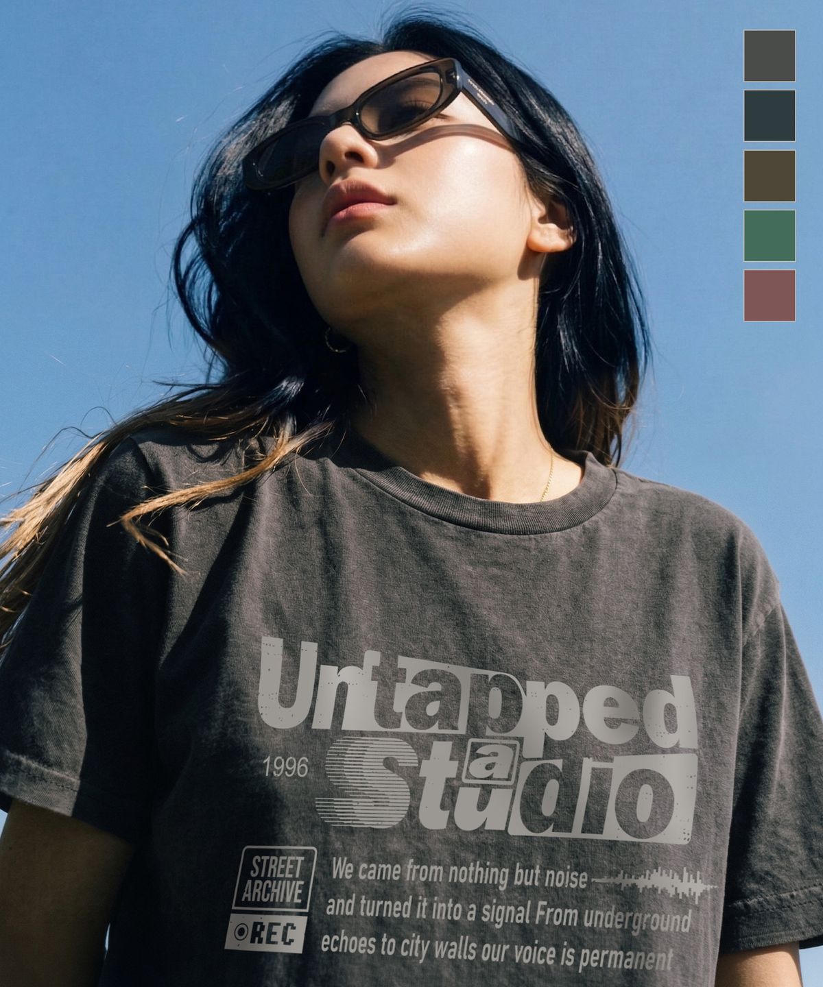 언탭트 스튜디오(UNTAPPED STUDIO) 레트로 레터링 그래픽 피그먼트 오버핏 반팔 티셔츠 5COLOR