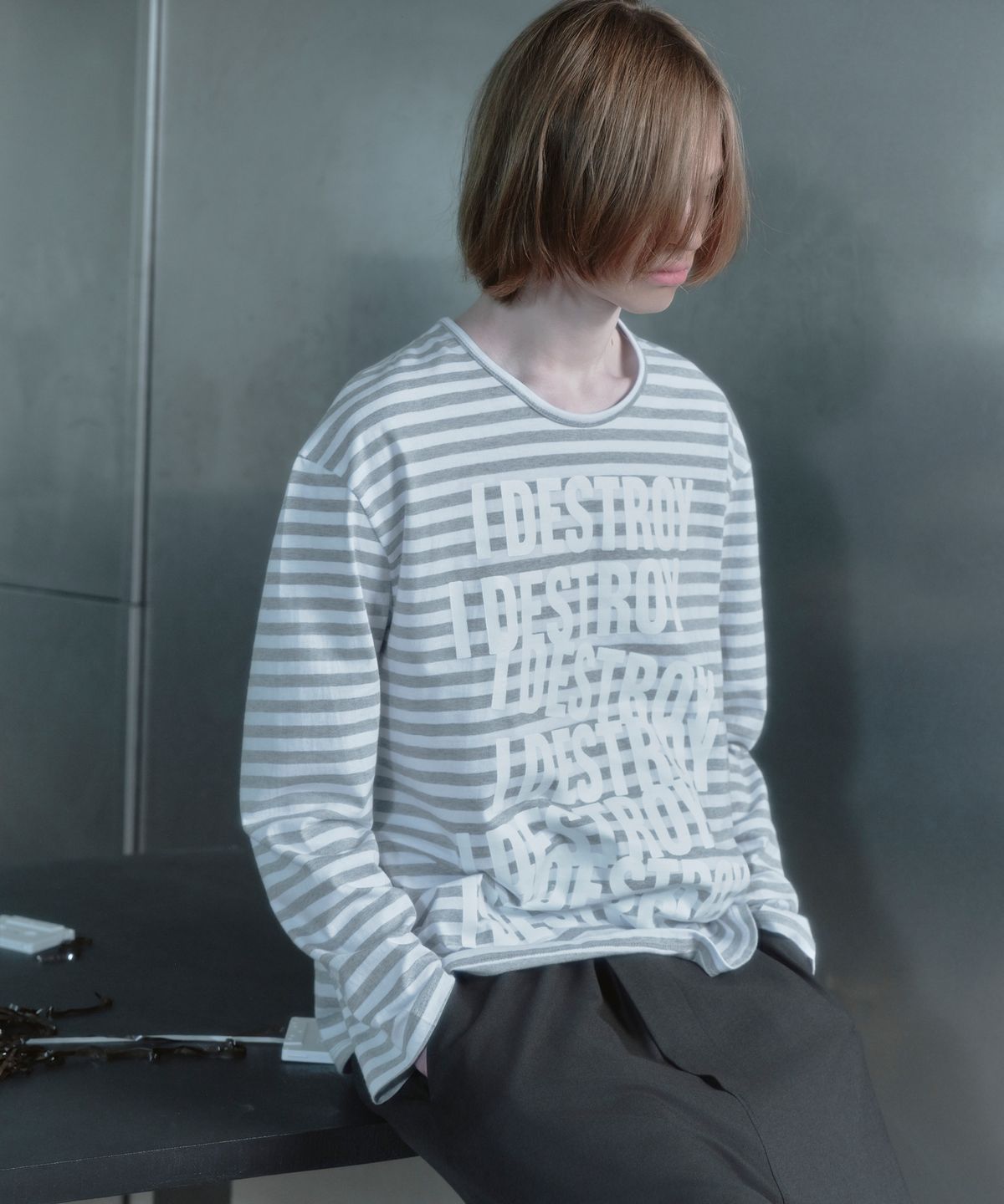 키류(KIRYU) I DESTROY STRIPE LONG SLEEVE T-SHIRT_MELANGE GRAY