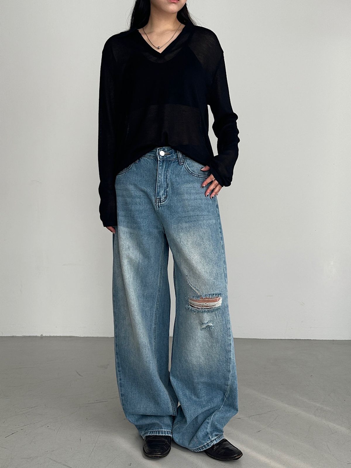 아포엠(APOEM) Fade Damage Wide Denim