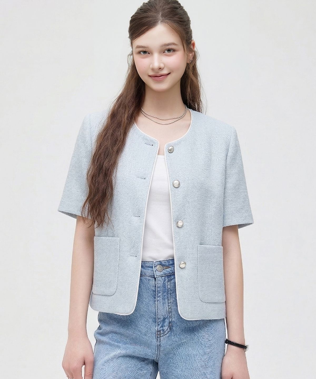 로엠(ROEM) 올데이 칼라리스 트위드 반팔자켓 RMJKG25R99