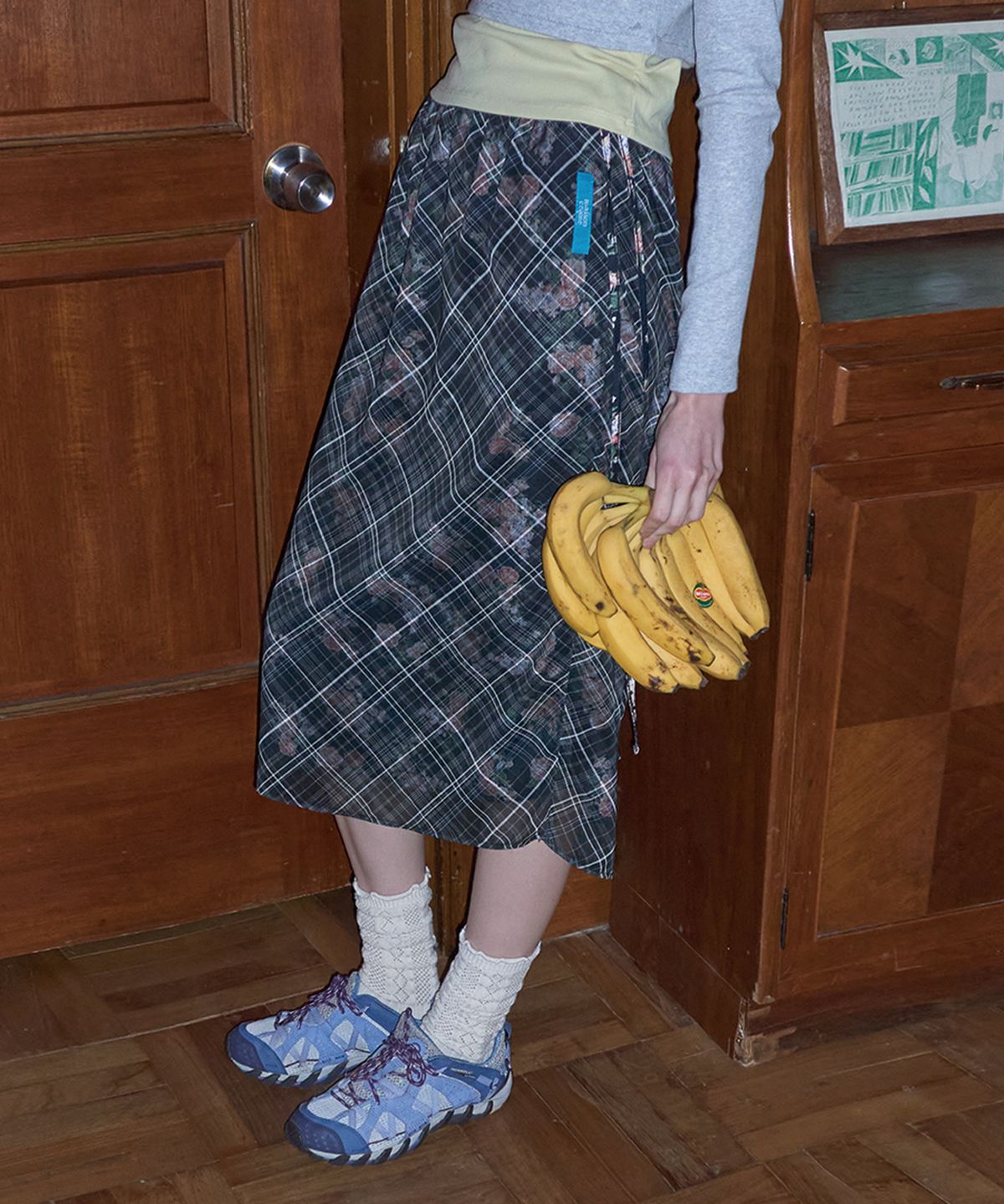 메종크렘(MAISON CREME) Floral check layered skirt_ Black Pink