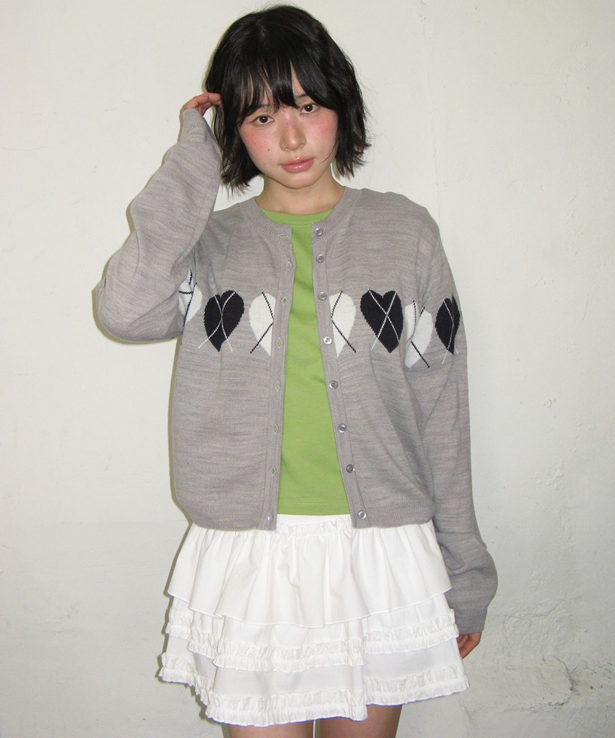 론론(RONRON) HEART ARGYLE LINE KNIT CARDIGAN GREY