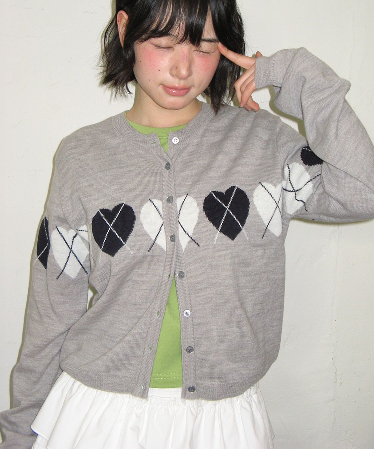 론론(RONRON) HEART ARGYLE LINE KNIT CARDIGAN GREY