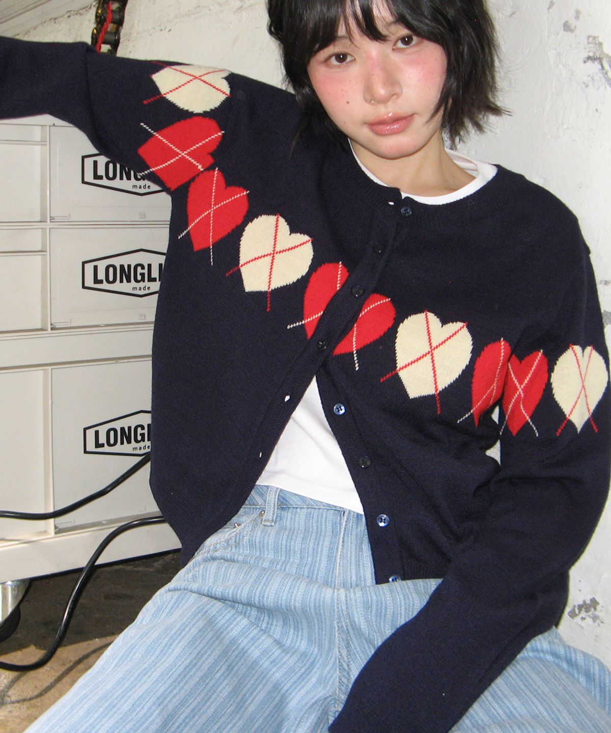 론론(RONRON) HEART ARGYLE LINE KNIT CARDIGAN NAVY
