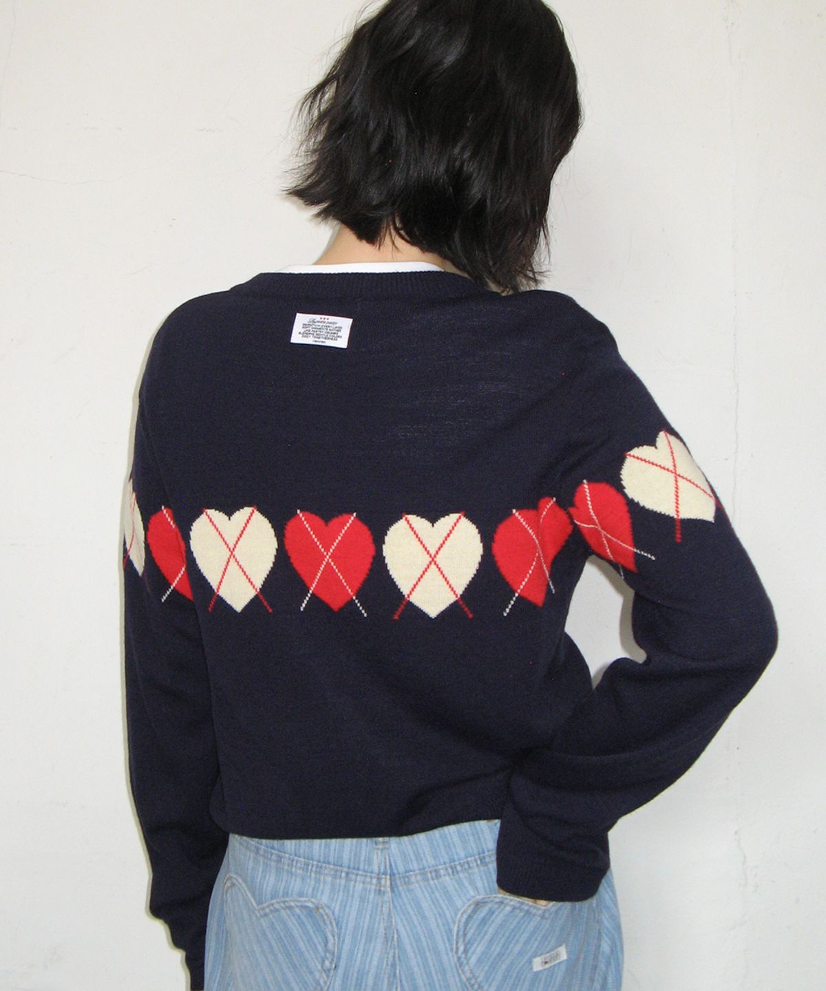 론론(RONRON) HEART ARGYLE LINE KNIT CARDIGAN NAVY