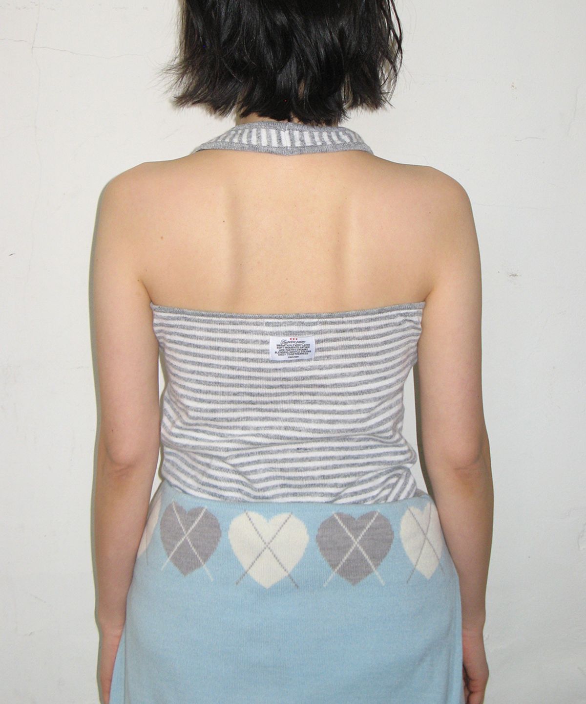 론론(RONRON) HEART ARGYLE LINE KNIT CARDIGAN SOFT BLUE