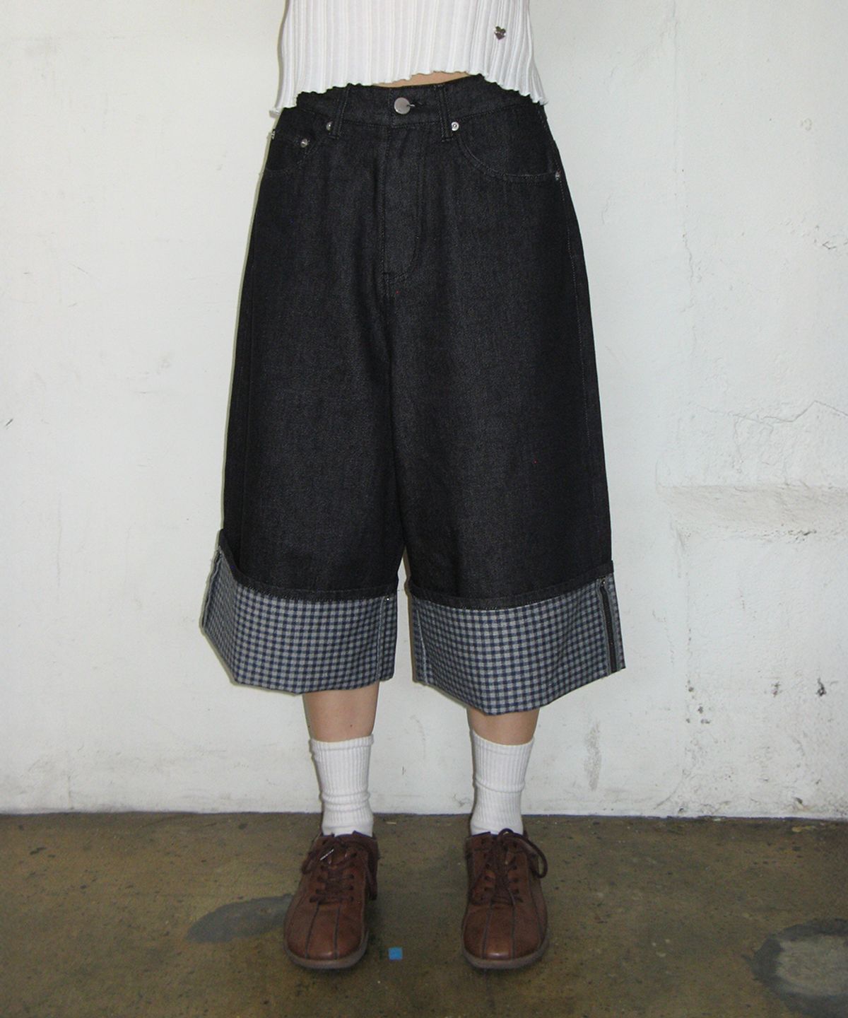 론론(RONRON) CHECK COMBI BERMUDA DENIM PANTS INDIGO BLUE