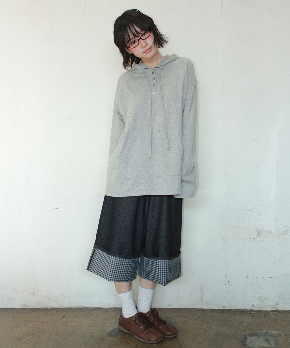 론론(RONRON) CHECK COMBI BERMUDA DENIM PANTS INDIGO BLUE