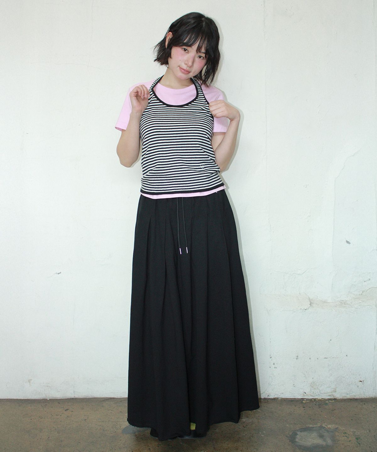 론론(RONRON) SWEAT PLEATS LONG SKIRT BLACK