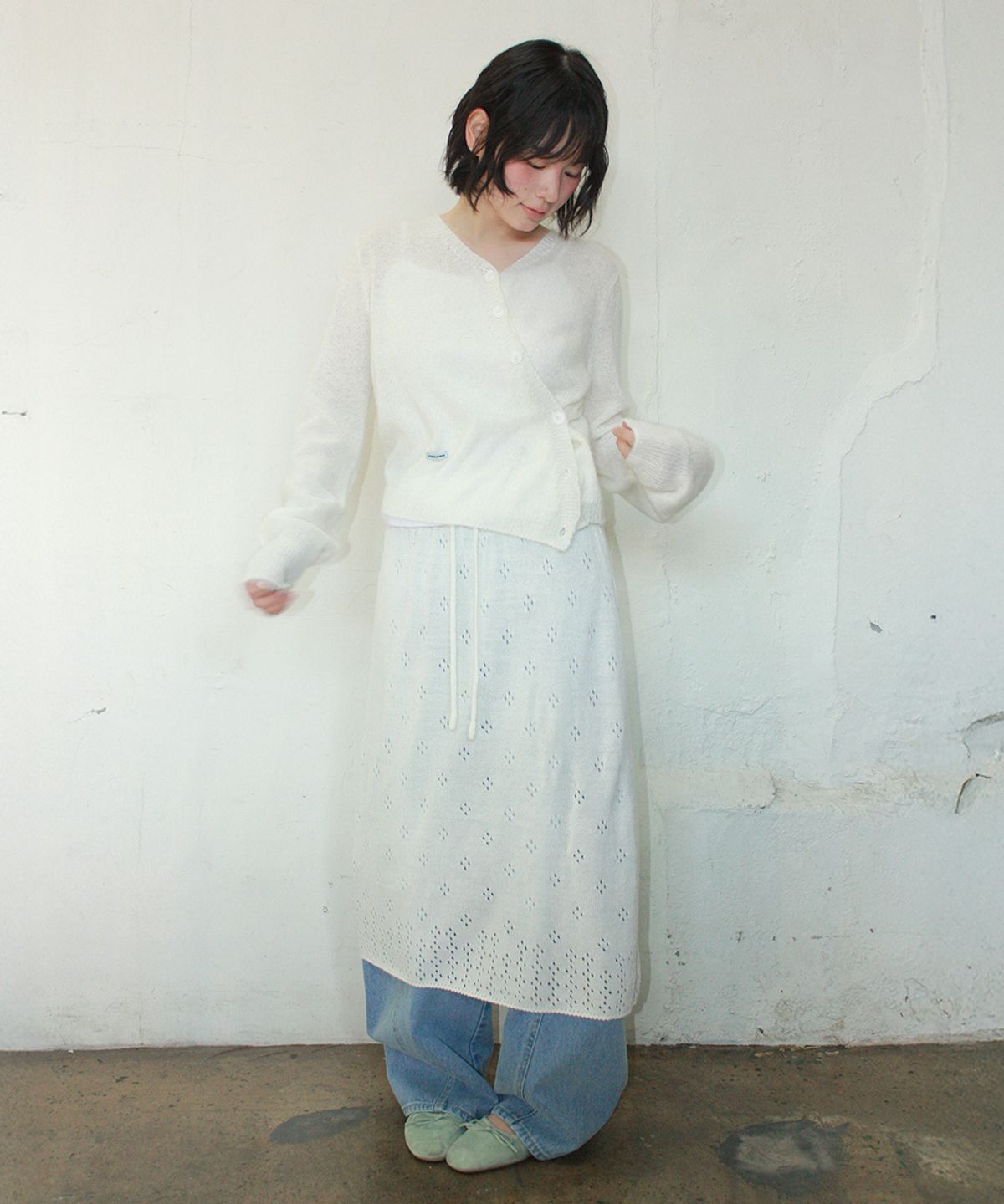 론론(RONRON) POINTELLE KNIT LONG SKIRT IVORY