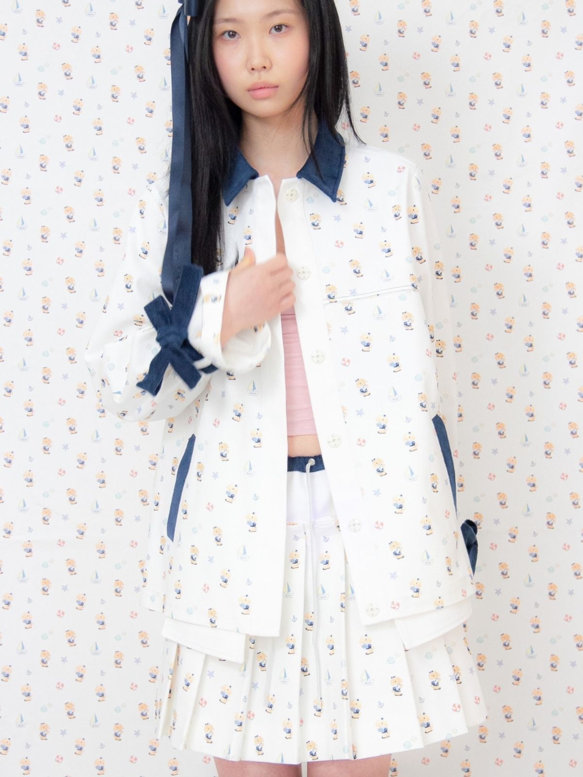 카이 샤오(KAIY XIAO) Rabbit full of nautical ballads pleated skirt white