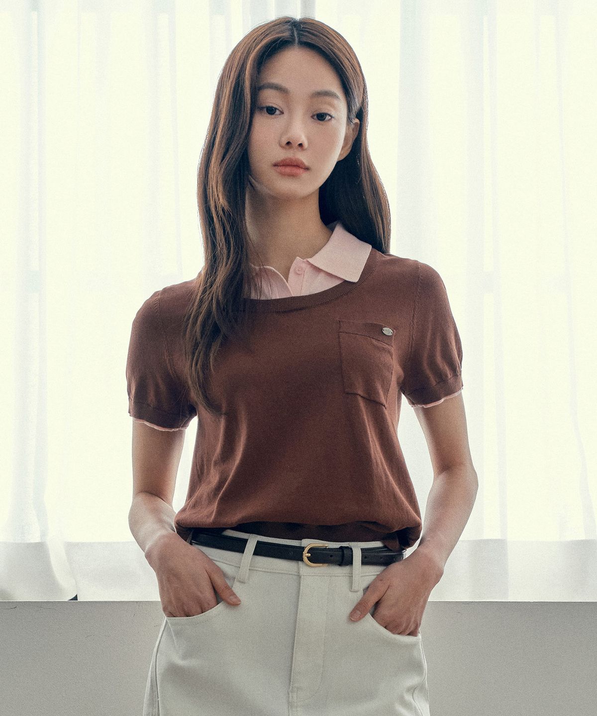 마인드브릿지 우먼(MIND BRIDGE WOMEN) [W]카라 배색 레이어드 니트 - 2color