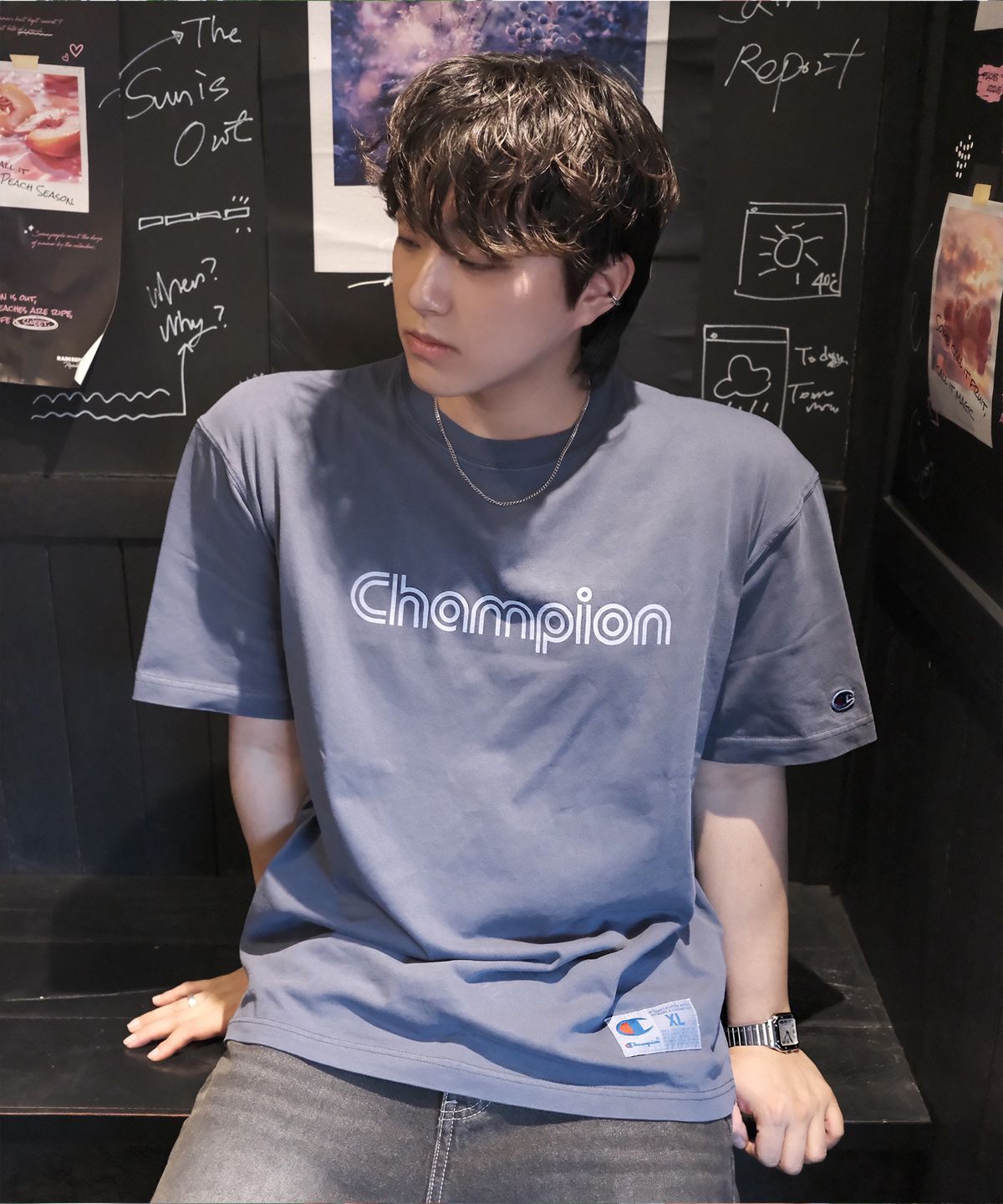 챔피온(CHAMPION) 트랙 로고 가먼트다잉 티셔츠 3color