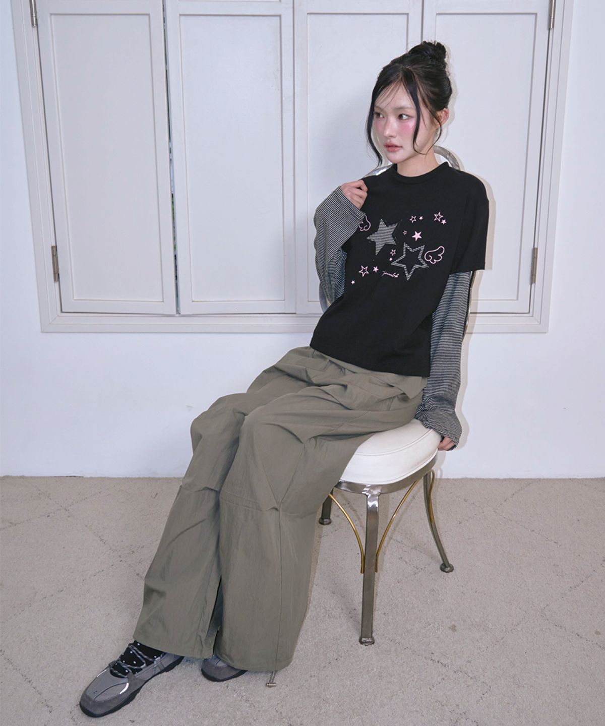 더그린랩(THE GREEN LAB) 스타 패치ST 레이어드 티셔츠 [블랙]