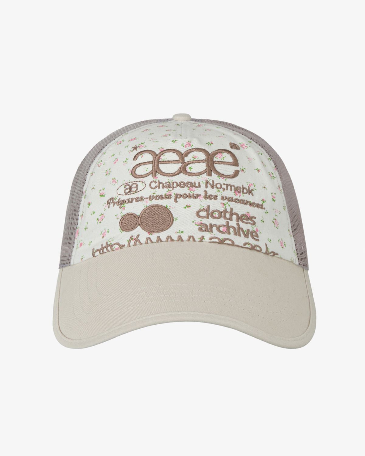 에이이에이이(AEAE) WEB LOGO FLOWER MESH CAP [WHITE/BEIGE]