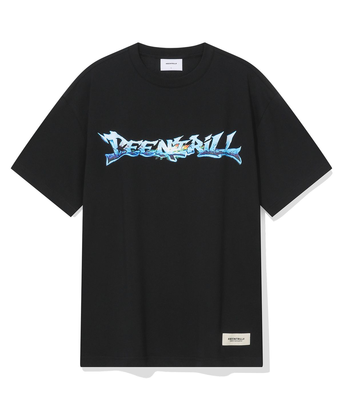 빈트릴(BEENTRILL) Y2K 메탈릭 그래픽 로고 오버핏 반팔티(블랙)