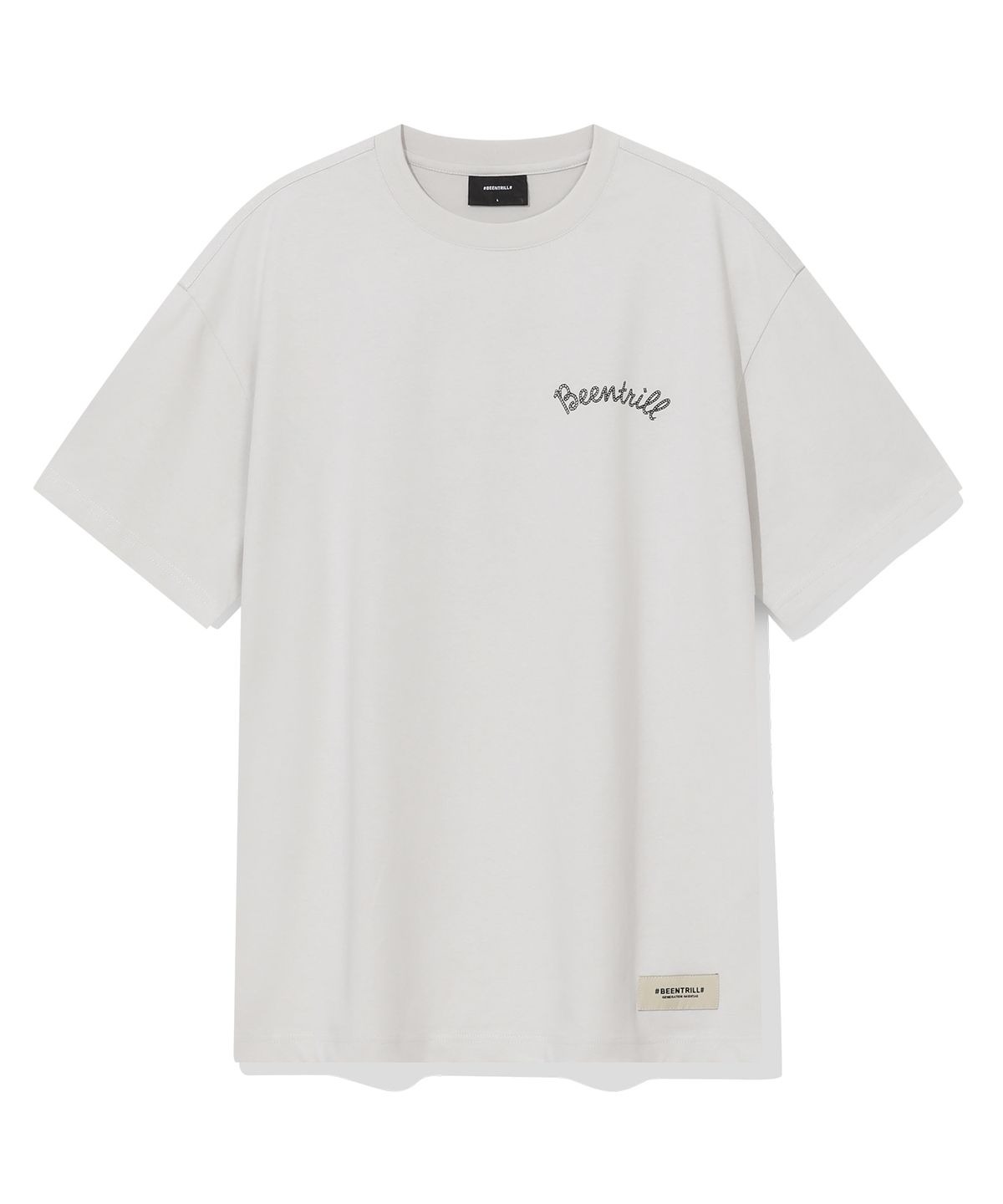 빈트릴(BEENTRILL) 커시브 로고 백 타이포 그래픽 오버핏 반팔티(오프 화이트)