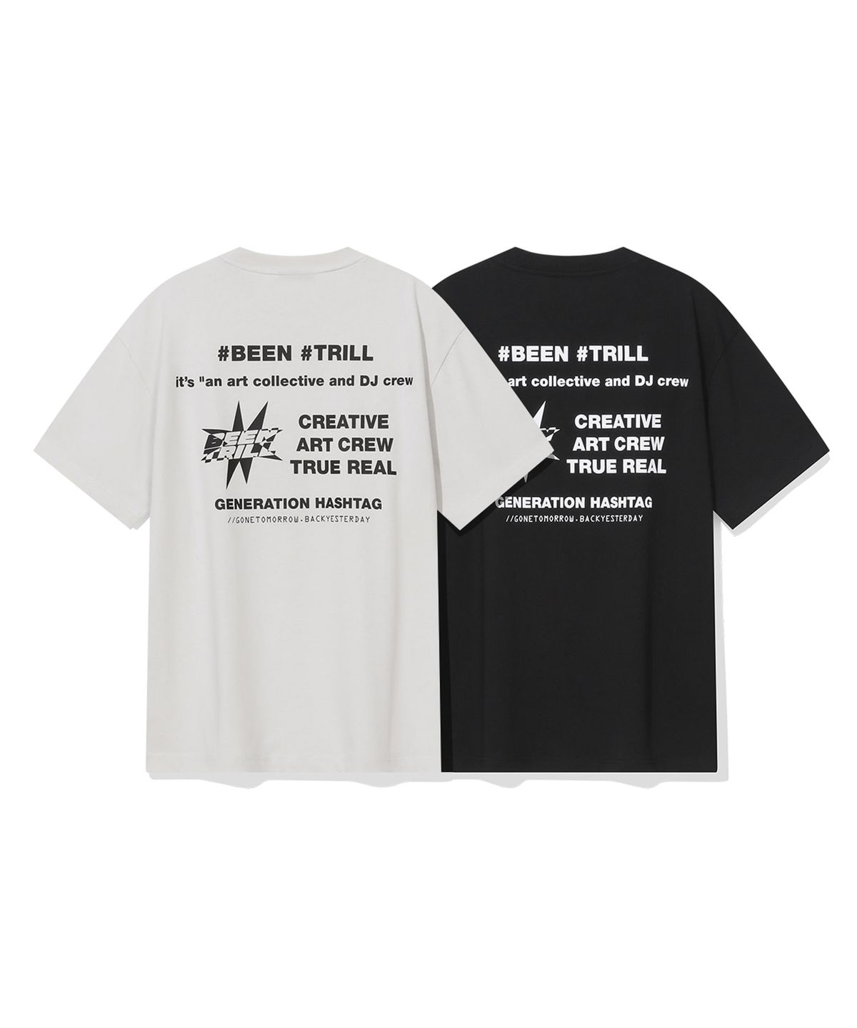빈트릴(BEENTRILL) 시그니처 슬로건 그래픽 백 프린트 오버핏 반팔티(오프 화이트)