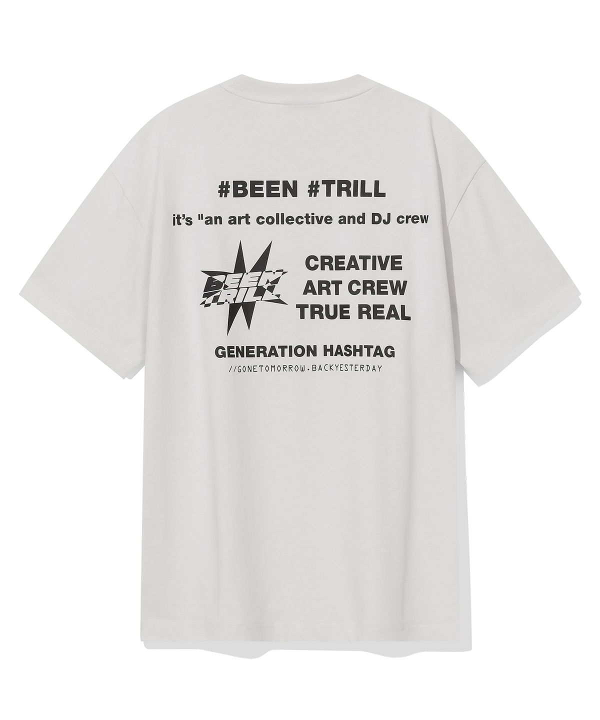 빈트릴(BEENTRILL) 시그니처 슬로건 그래픽 백 프린트 오버핏 반팔티(오프 화이트)