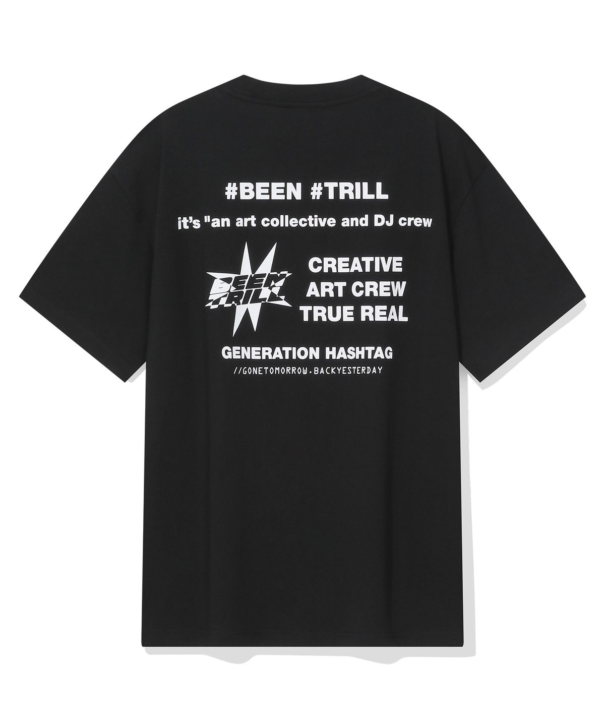 빈트릴(BEENTRILL) 시그니처 슬로건 그래픽 백 프린트 오버핏 반팔티(블랙)