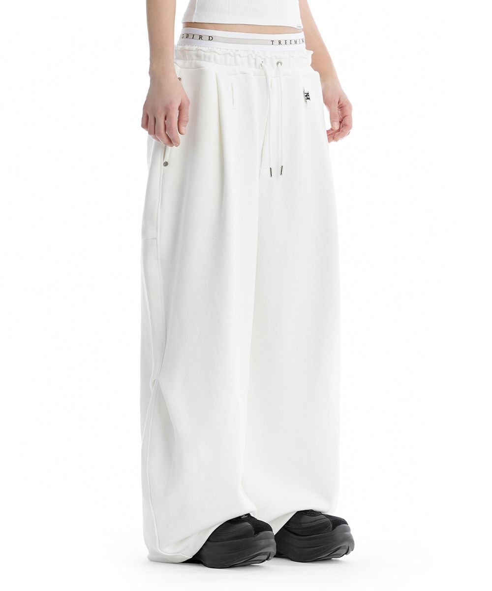 Treemingbird ホワイト ダメージ加工 ワイドパンツ MUSINSA公式 | TREEMINGBIRD Double Waist Sagging Sweat Pants [ White ]