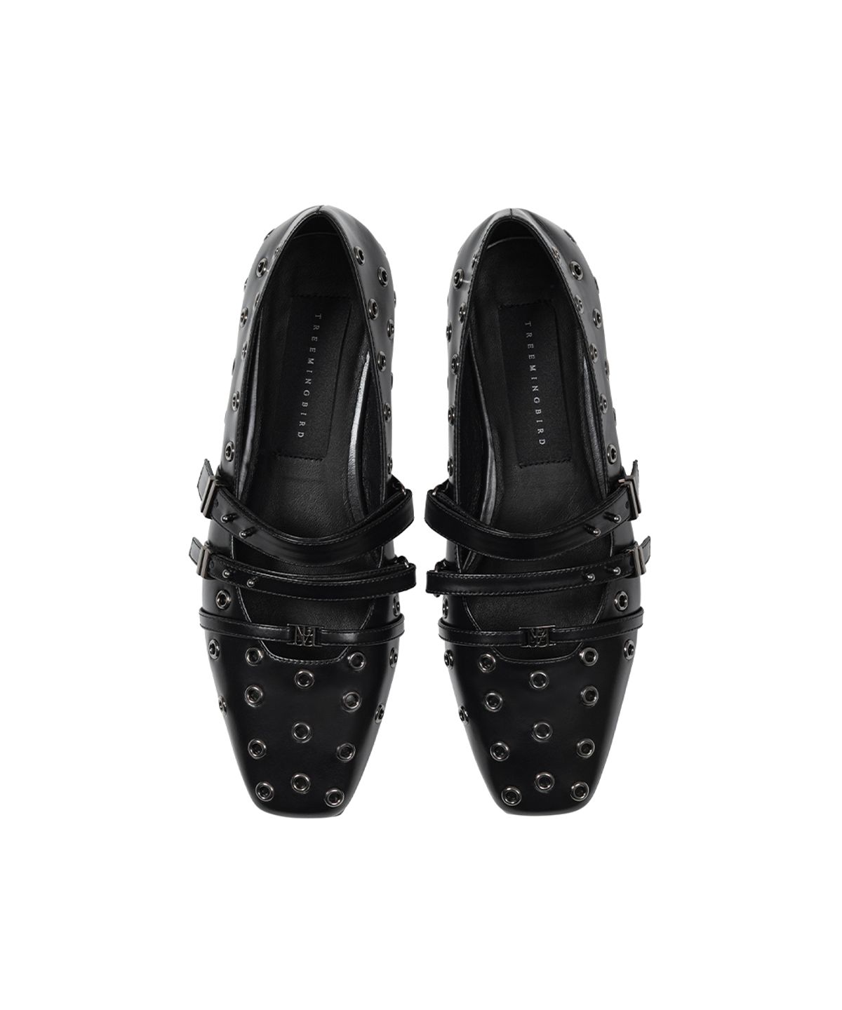 트리밍버드(TREEMINGBIRD) Triple-Strap Eyelet Flats [ Black ]