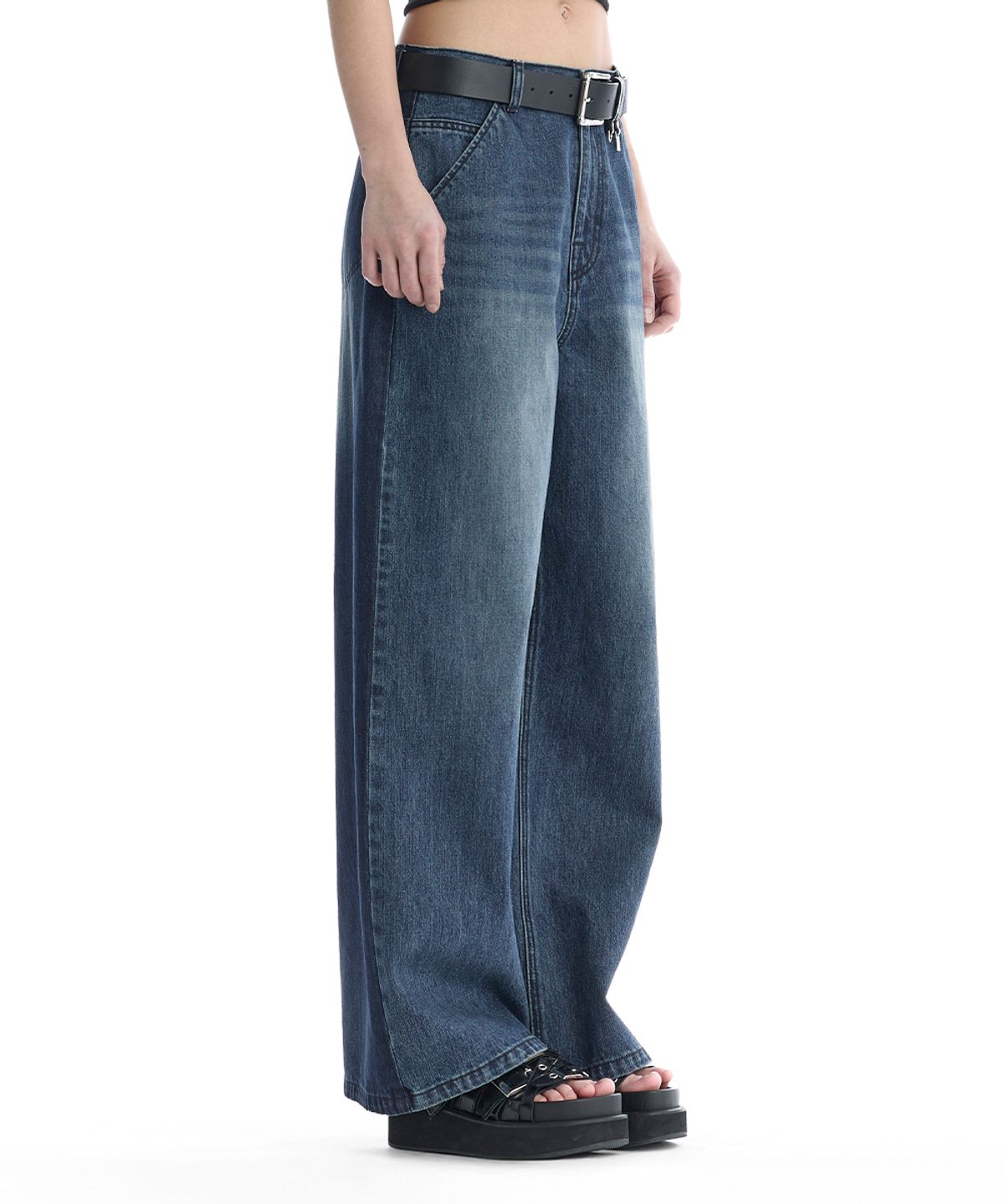 트리밍버드(TREEMINGBIRD) Tonal Wide Denim Pants [ Blue ]
