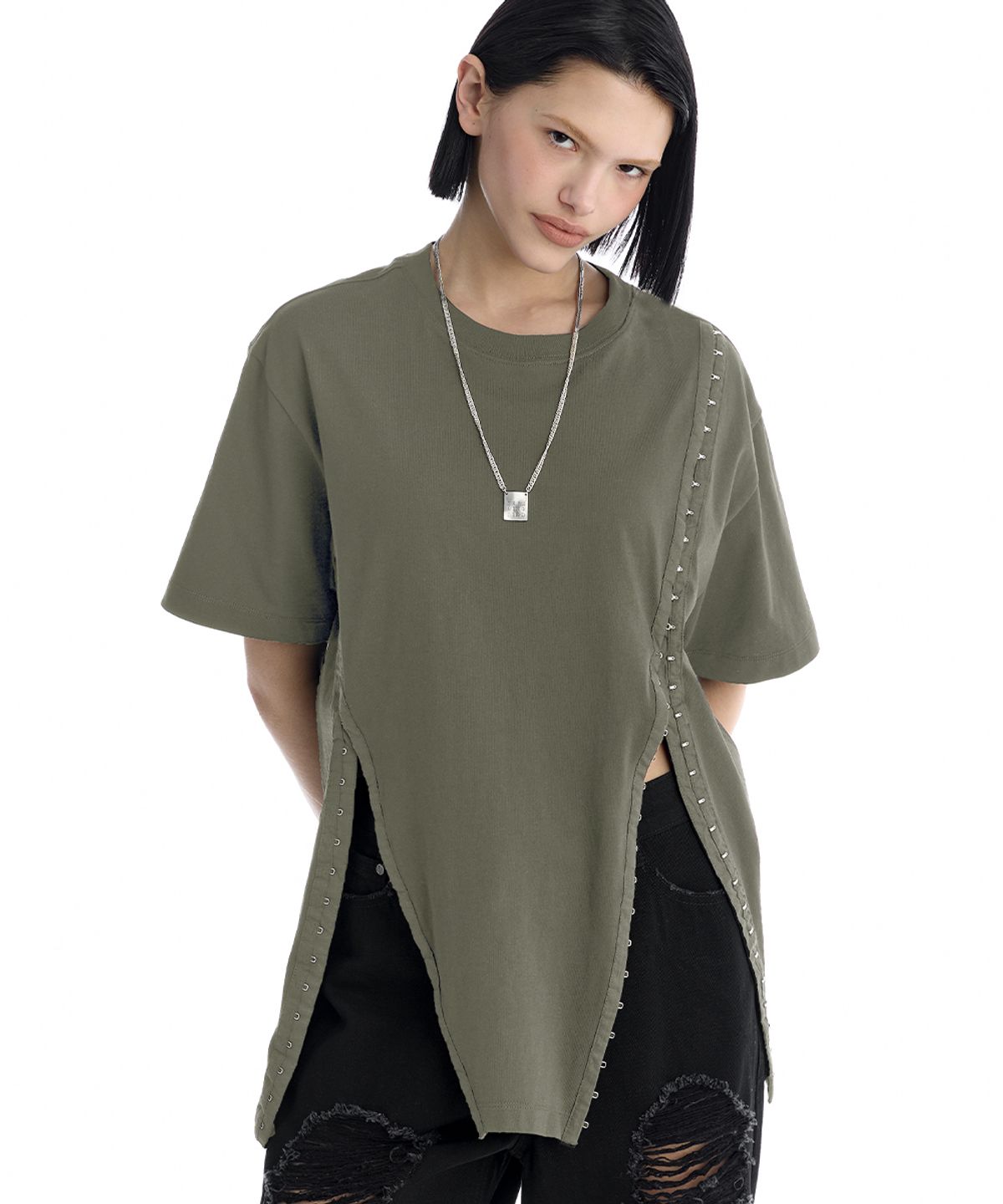 트리밍버드(TREEMINGBIRD) Hook and Eye Boxy T-Shirts [ Khaki ]