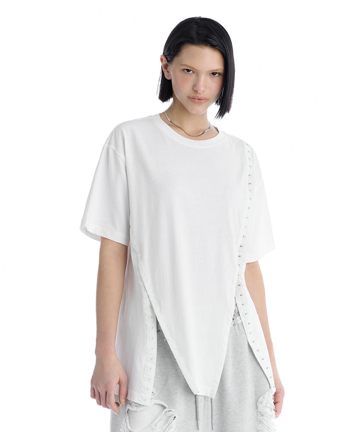 트리밍버드(TREEMINGBIRD) Hook and Eye Boxy T-Shirts [ White ]