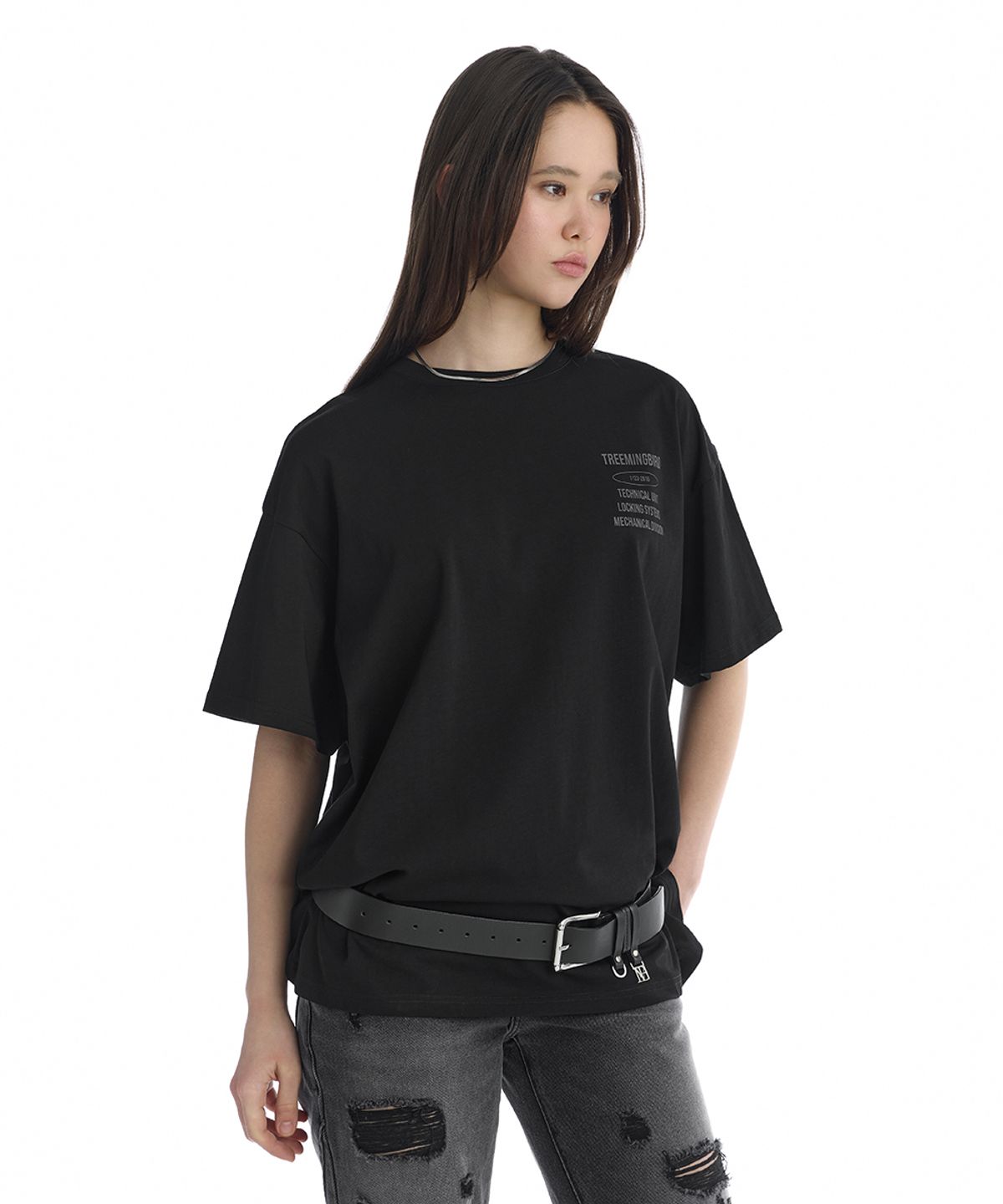 트리밍버드(TREEMINGBIRD) Oversized Graphic T-Shirts [ Black ]