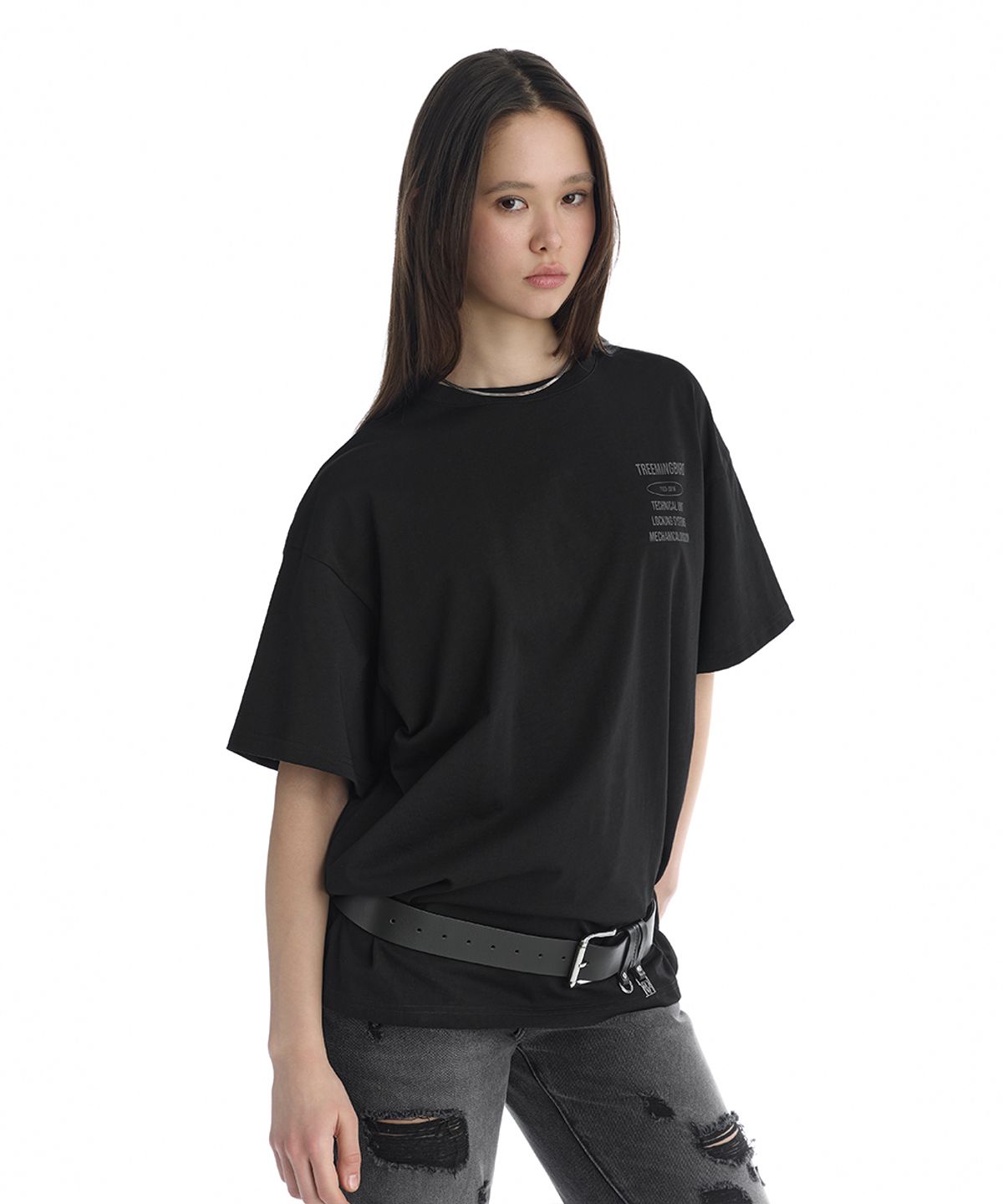 트리밍버드(TREEMINGBIRD) Oversized Graphic T-Shirts [ Black ]