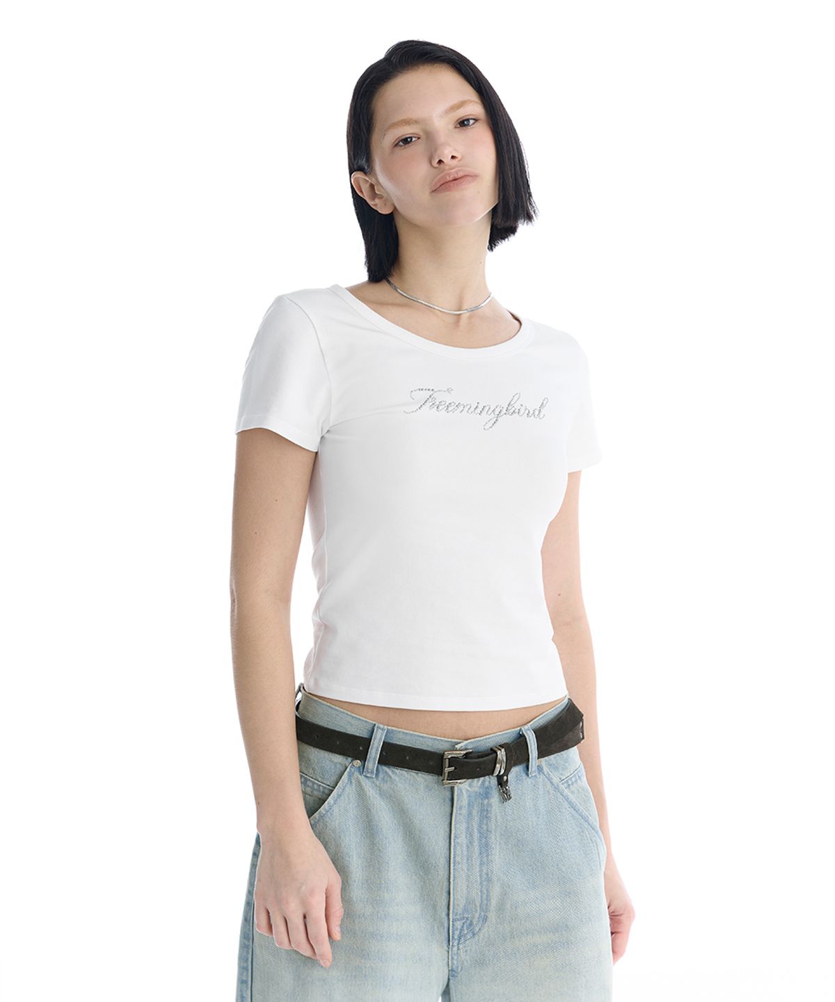 트리밍버드(TREEMINGBIRD) Metallic Hot-Fix Logo Slim T-Shirt [ White ]