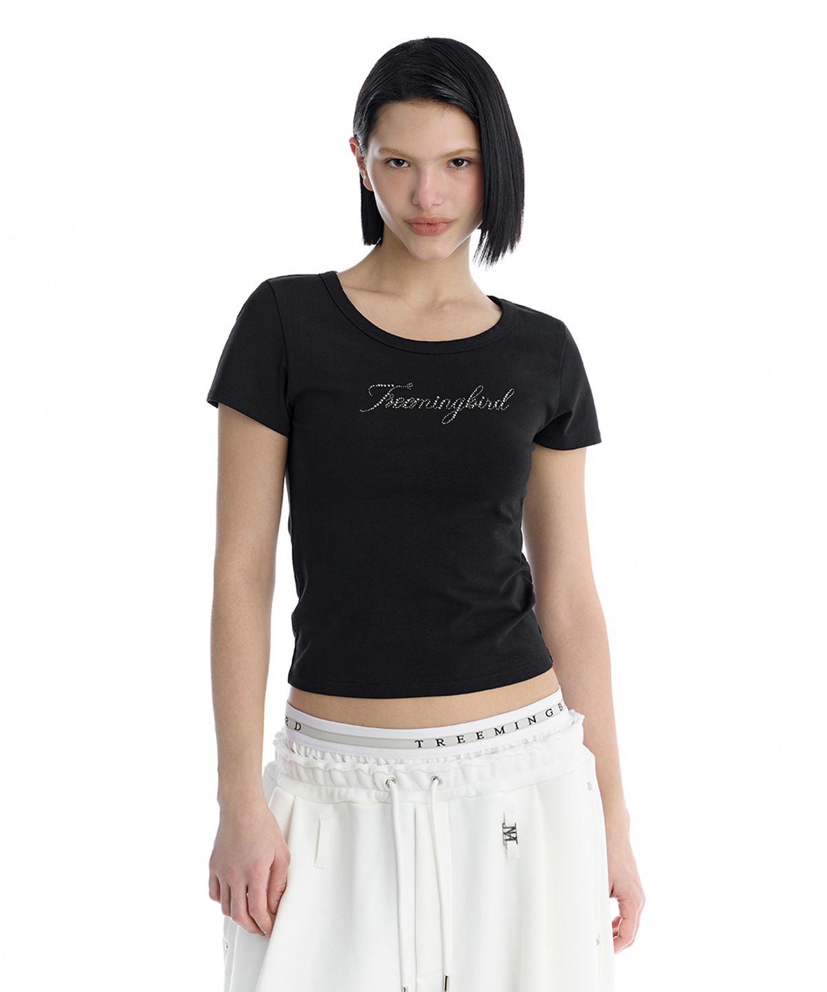 트리밍버드(TREEMINGBIRD) Metallic Hot-Fix Logo Slim T-Shirt [ Black ]