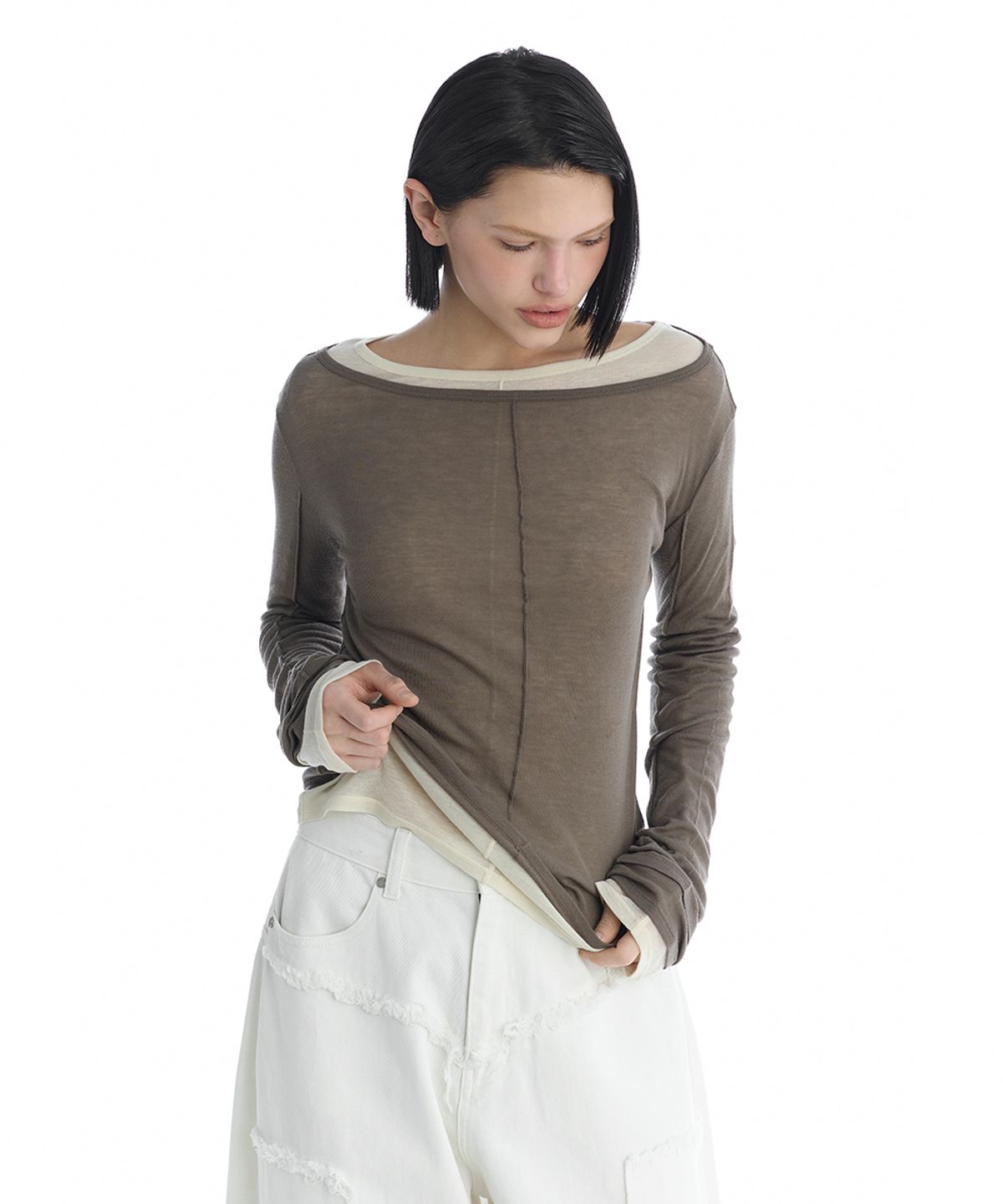 트리밍버드(TREEMINGBIRD) Essential Pintuck Long-Sleeve T-Shirts [ Brown ]
