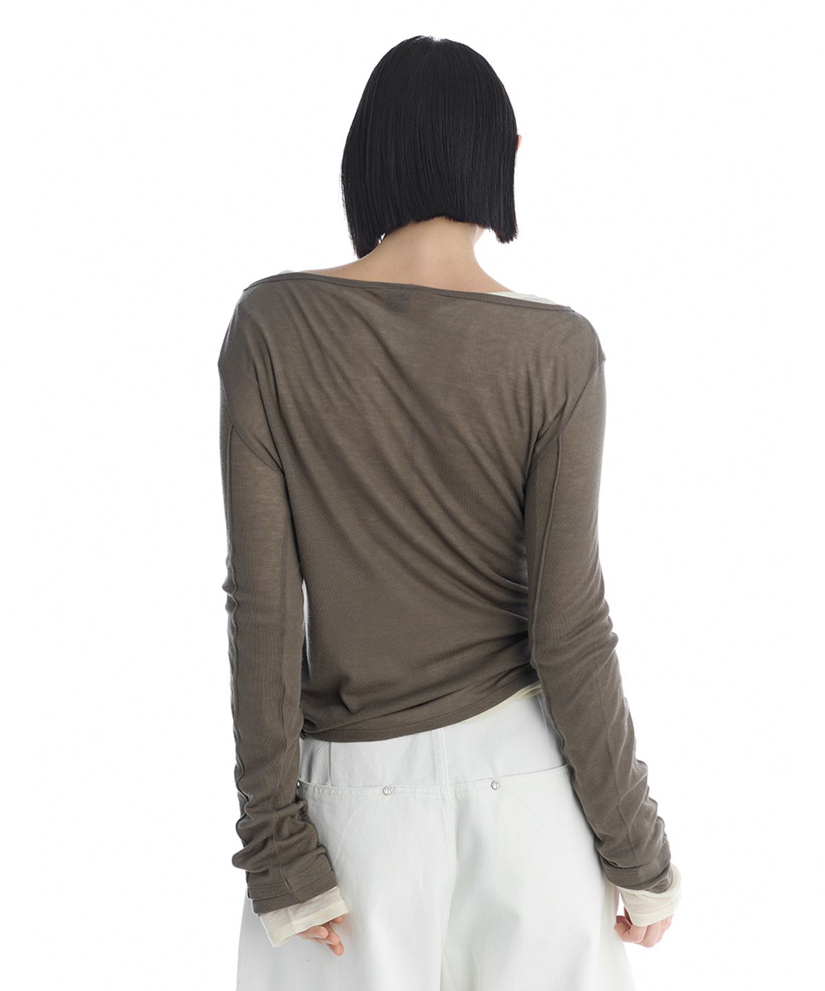 트리밍버드(TREEMINGBIRD) Essential Pintuck Long-Sleeve T-Shirts [ Brown ]