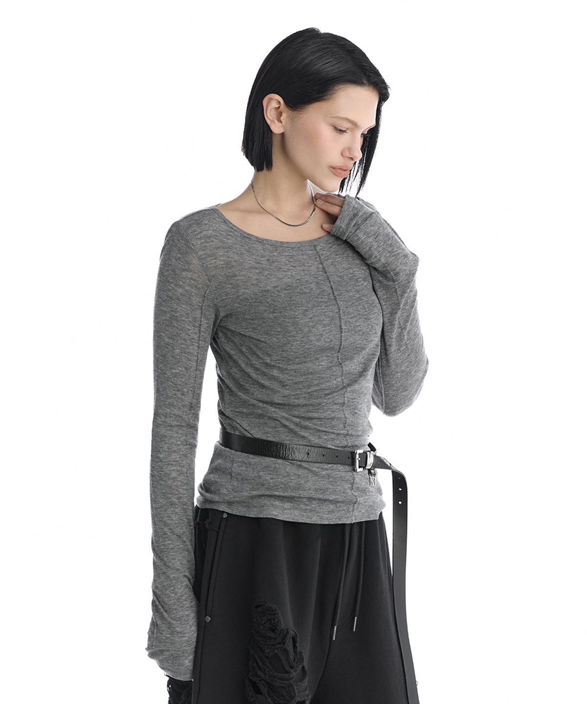 트리밍버드(TREEMINGBIRD) Essential Pintuck Long-Sleeve T-Shirts [ Melange Gray ]