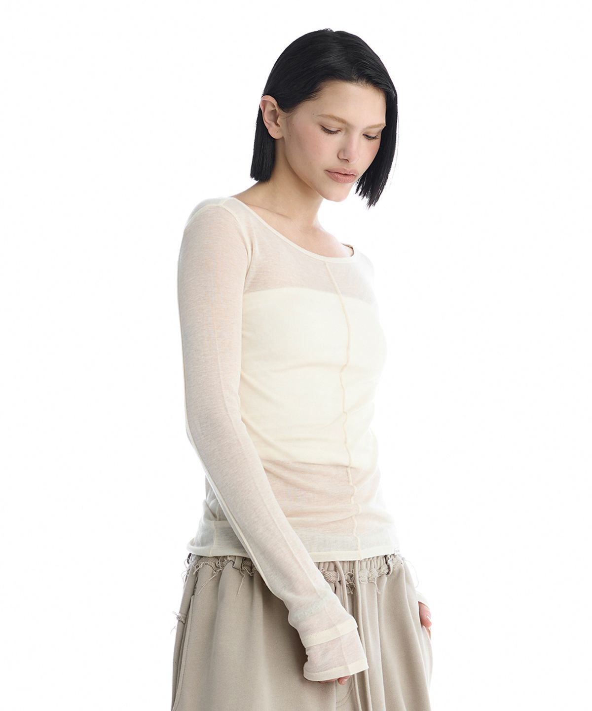 트리밍버드(TREEMINGBIRD) Essential Pintuck Long-Sleeve T-Shirts [ Beige ]