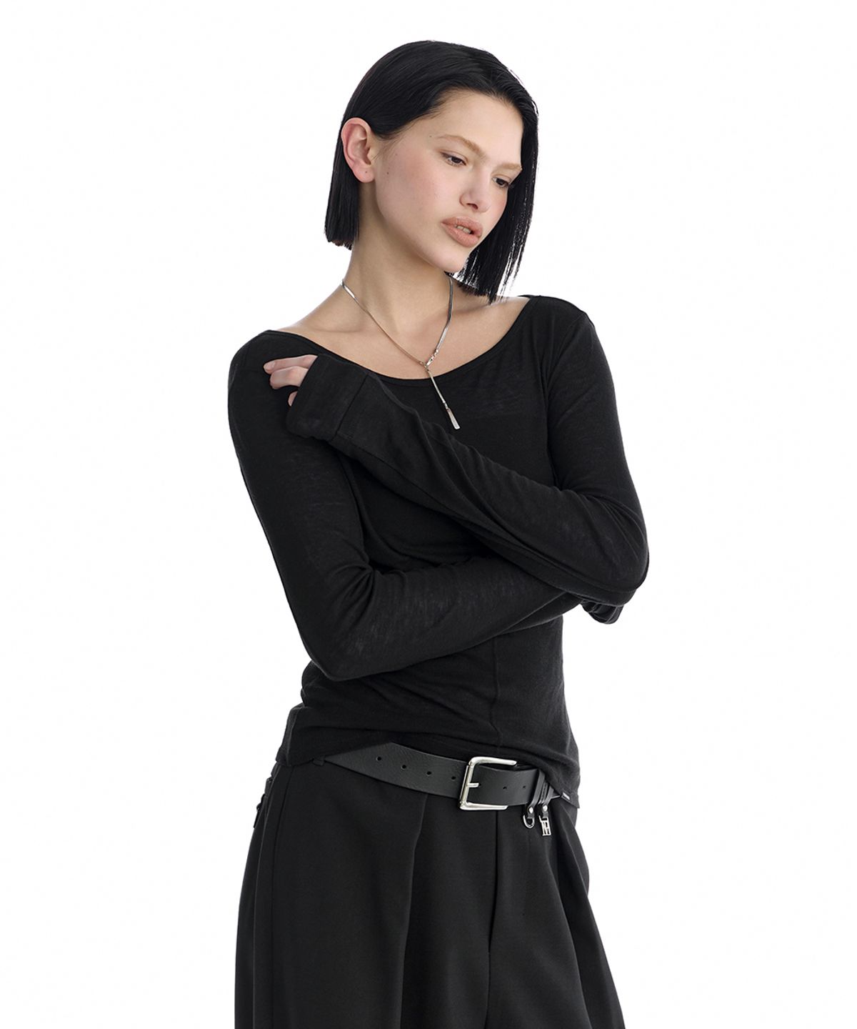 트리밍버드(TREEMINGBIRD) Essential Pintuck Long-Sleeve T-Shirts [ Black ]