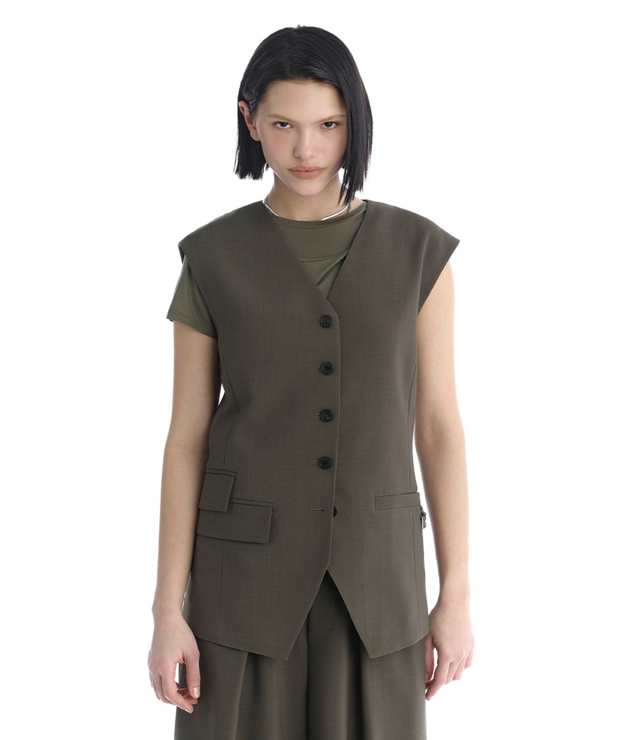트리밍버드(TREEMINGBIRD) Minimal Button-Detail Set-Up Vest [ Khaki ]