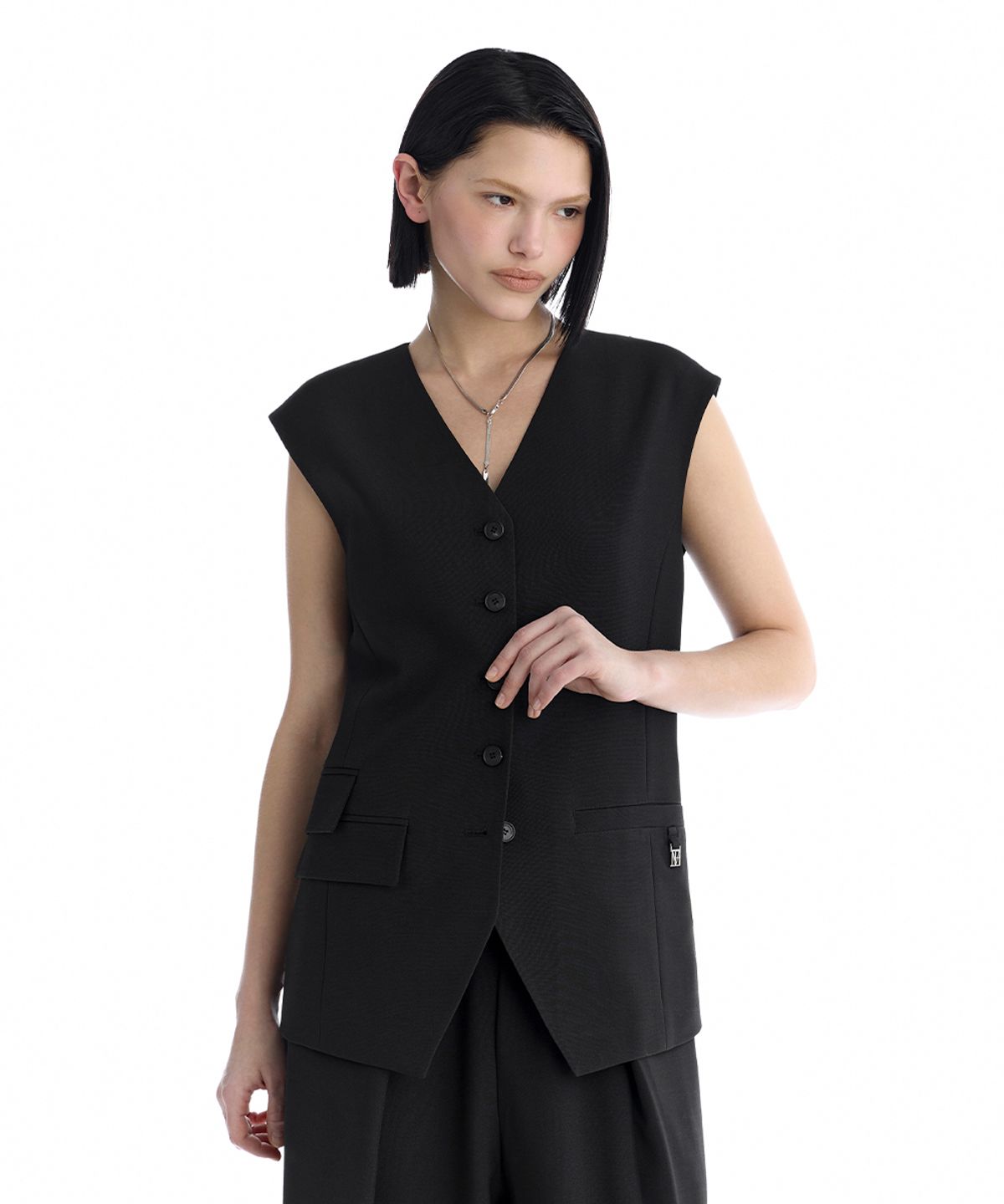 트리밍버드(TREEMINGBIRD) Minimal Button-Detail Set-Up Vest [ Black ]