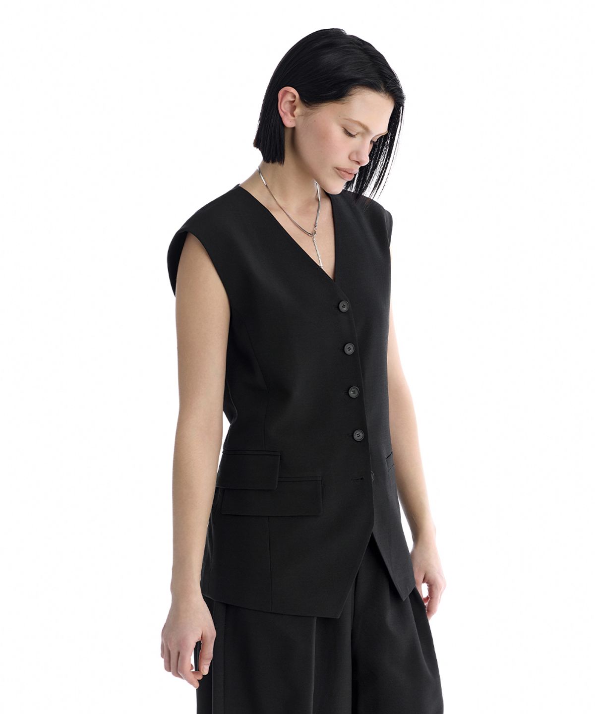 트리밍버드(TREEMINGBIRD) Minimal Button-Detail Set-Up Vest [ Black ]